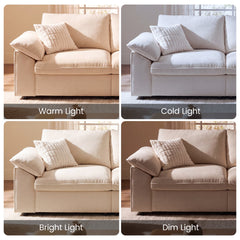 Four panels show a light sofa under different lighting, Each view includes back, seat, and accent cushions