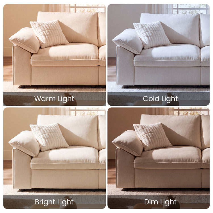 Four panels show a light sofa under different lighting, Each view includes back, seat, and accent cushions
