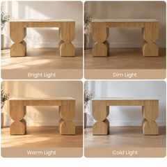 Four views of a wood console table under bright, dim, warm, and cold light.