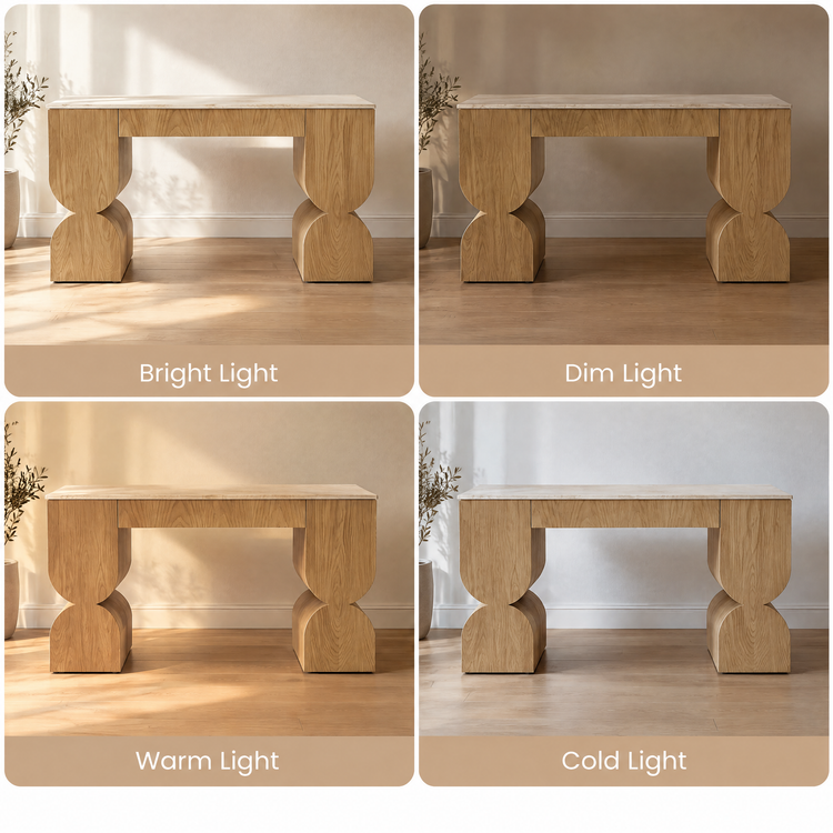 Four views of a wood console table under bright, dim, warm, and cold light.