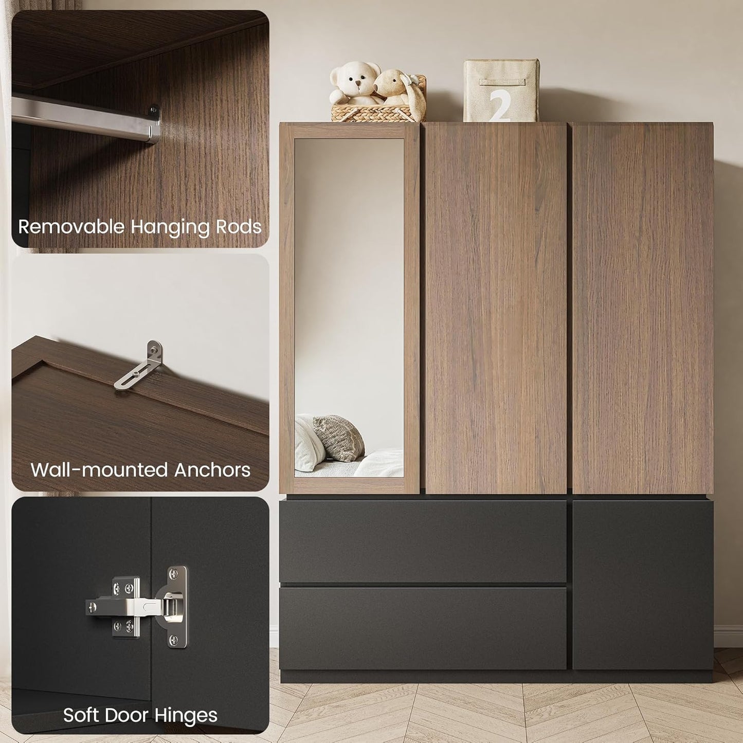 Whisper Series 71" Wardrobe with Mirror & Drawers