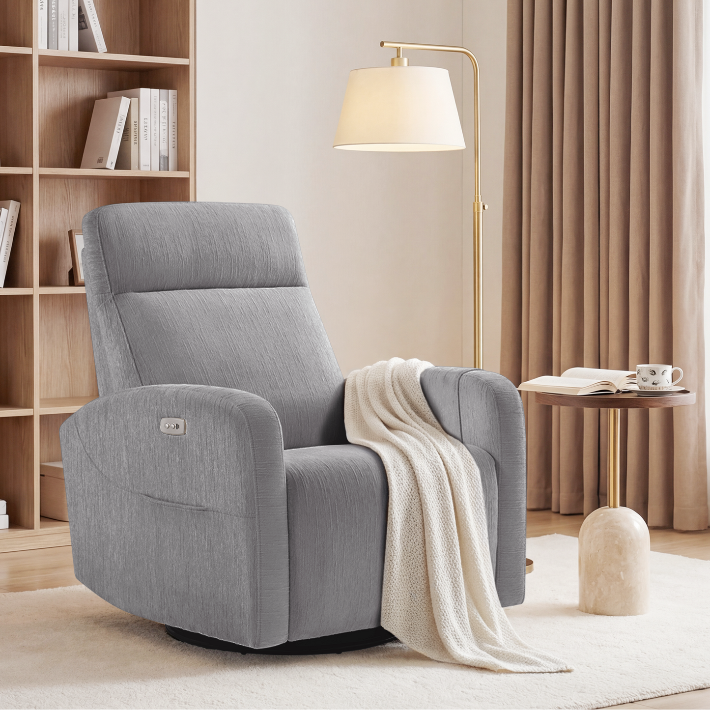 Nursery Power Swivel Glider Recliner with Adjustable Headrest & USB-C、Grey
