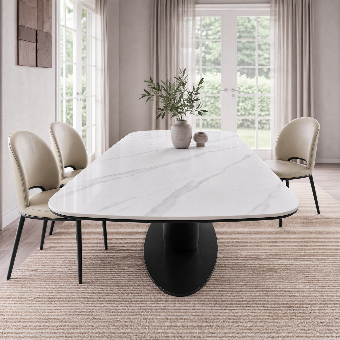 78" Glossy Sintered Stone Dining Table – Snow Mountain Pattern with V-Shaped Metal Base (6-8 Seater)