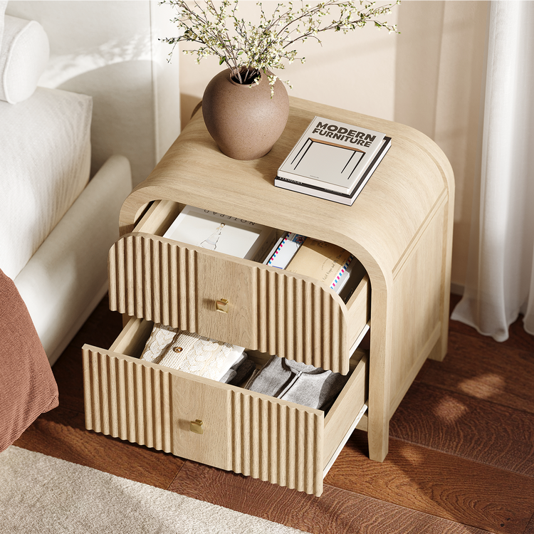 [Pre-Sale] 23.9" Natural Wood 2-Drawer Nightstand with Fluted Front,Set of 2