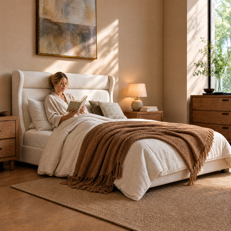 Queen Chenille Upholstered Bed with Wingback Headboard, Wood Slat Support