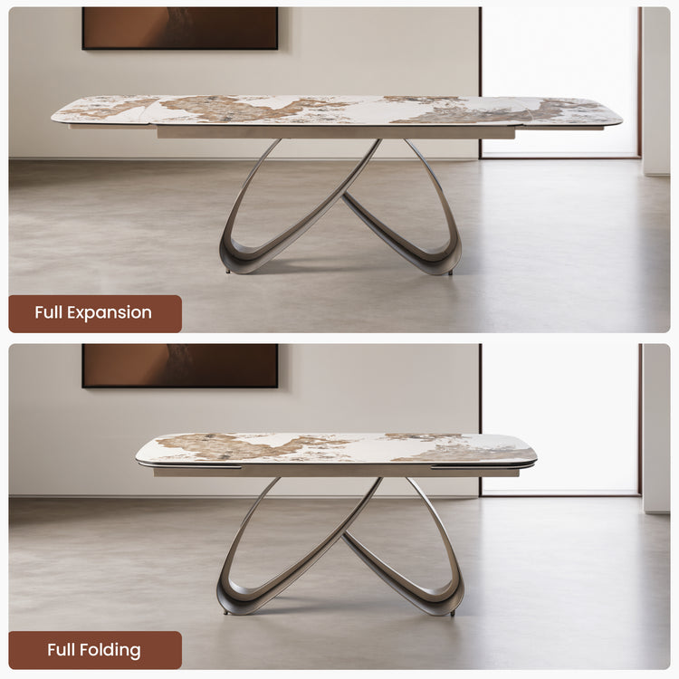 70.9"-102.4" Extendable Dining Table, Pandora Glossy Sintered Stone Modern Kitchen Table with Ribbon Loop Base