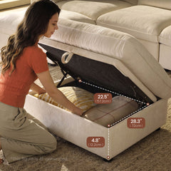 Woman places cushions inside an open upholstered storage ottoman, Measurement lines mark three interior spans