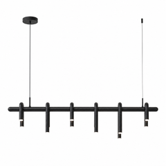 Black pendant light with a long horizontal bar, curved tubular lights extending downward at varied lengths, and two thin suspension cables.