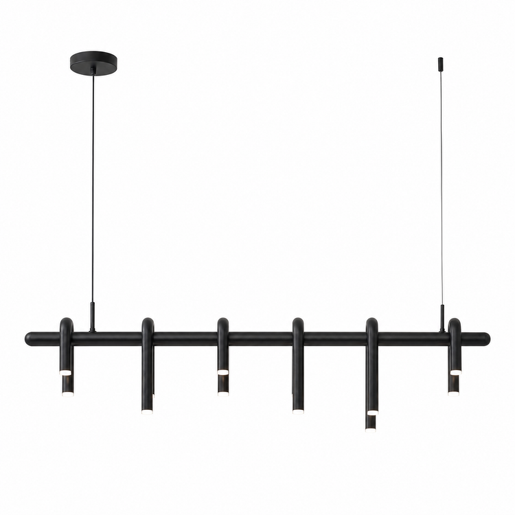 Black pendant light with a long horizontal bar, curved tubular lights extending downward at varied lengths, and two thin suspension cables.