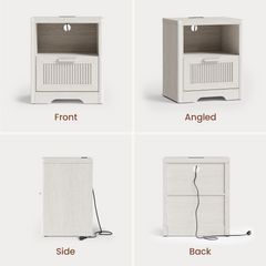 White nightstand with open shelf, ribbed drawer, cable hole, and power strip, Front, angled, side, and back views