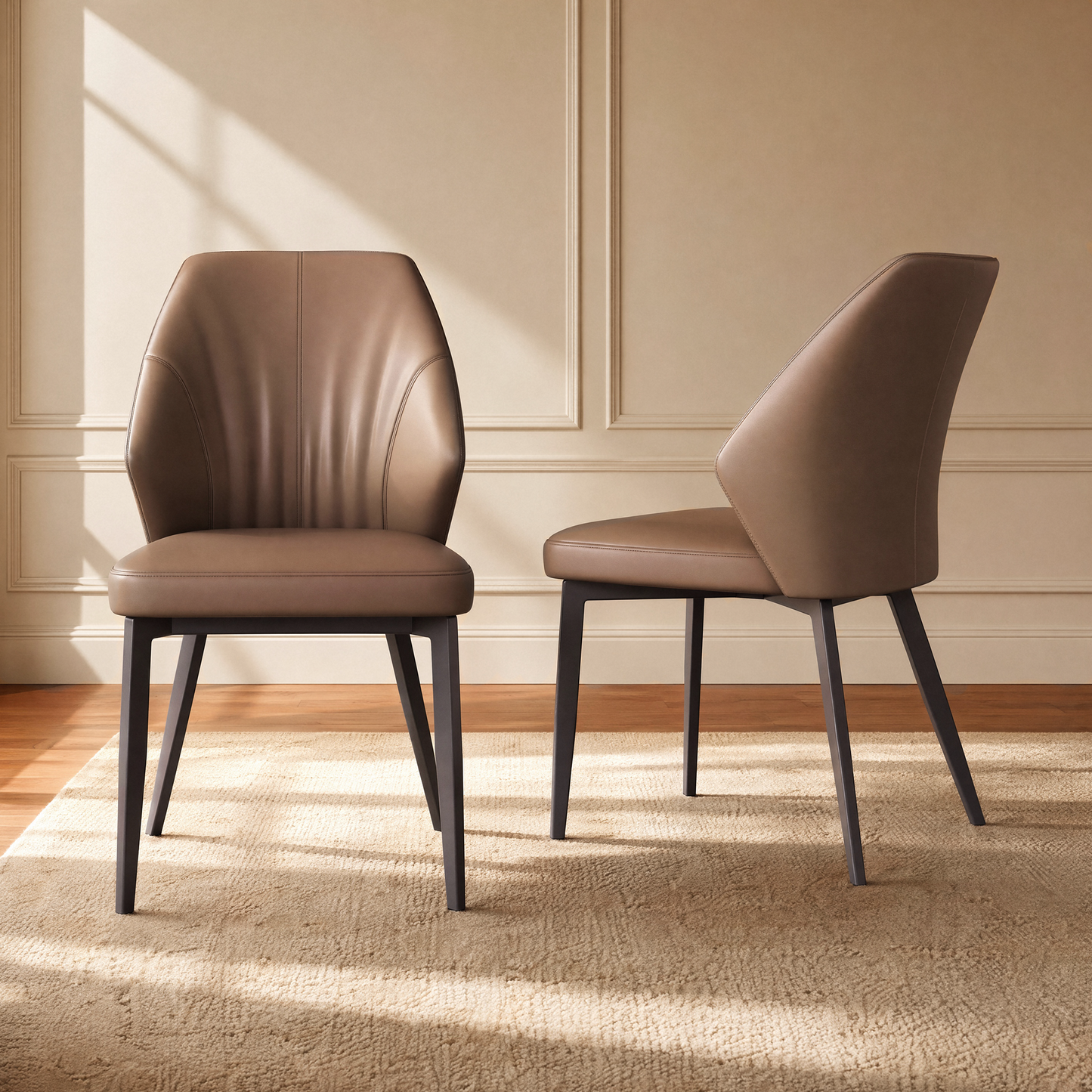 2-Pack Brown PU Leather Dining Chairs with Pleated Backrest