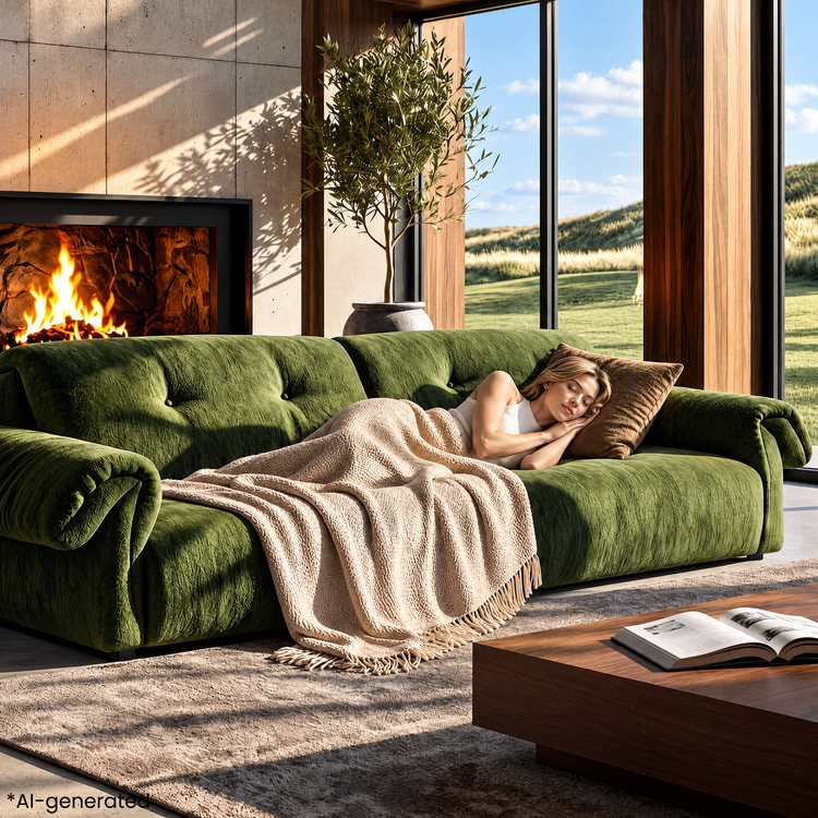 112.2" Cloud Sofa, Modern Italian Chenille Couch with Pillow Arms, Deep Seats & Down-Blend Cushions, Olive Green