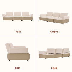 Front, angled, side, and back views of a cream and beige three-seat sofa.