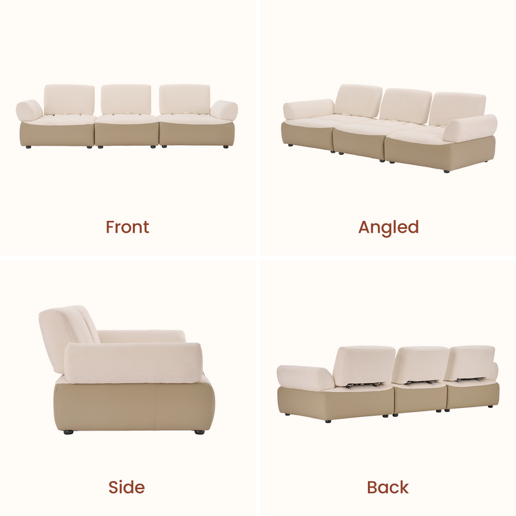Front, angled, side, and back views of a cream and beige three-seat sofa.
