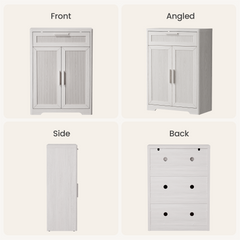 Four views show a tall white cabinet with fluted double doors, slim vertical pulls, and a plain back