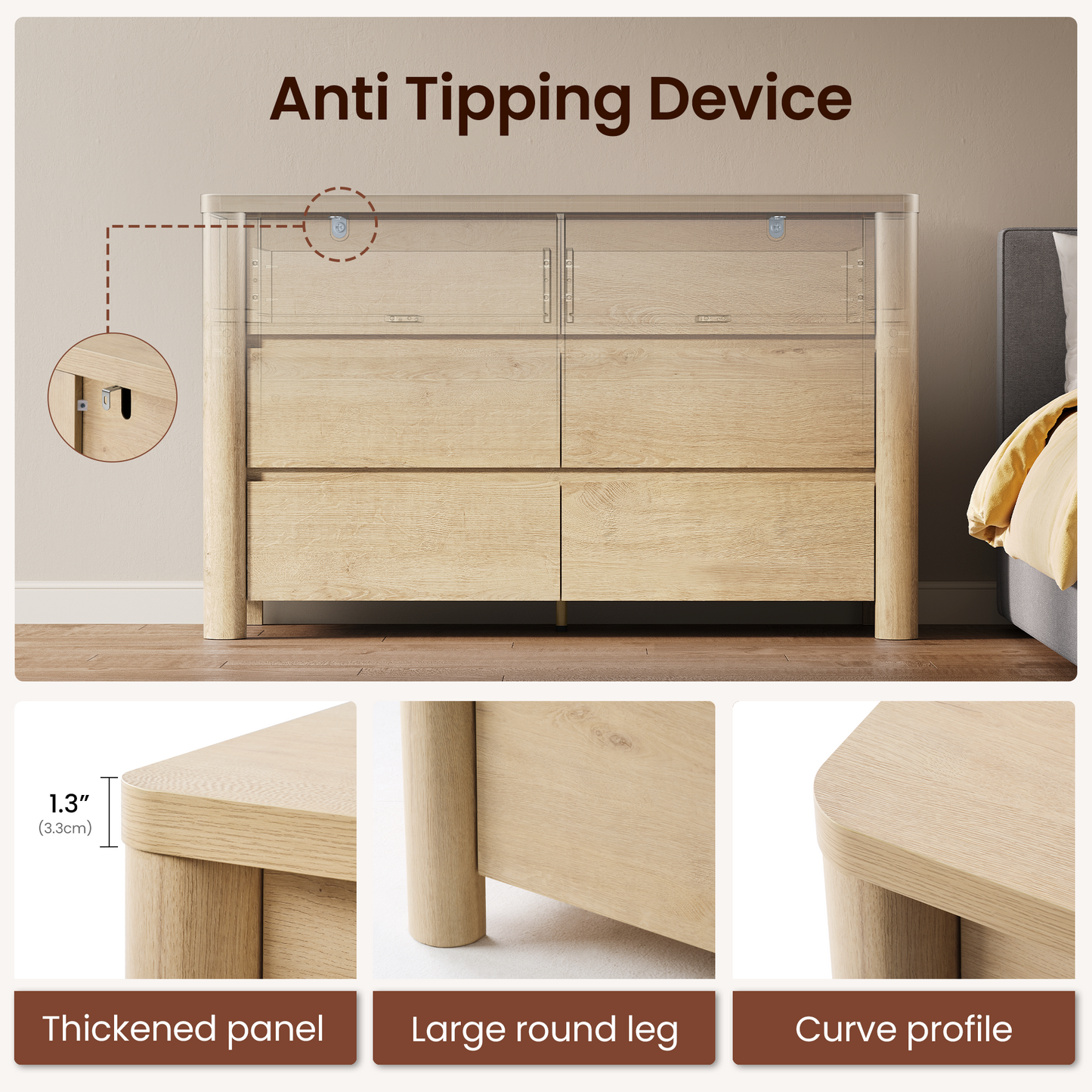 [Pre Sale] 52.8" Natural Wood Rounded 6 Drawer Dresser