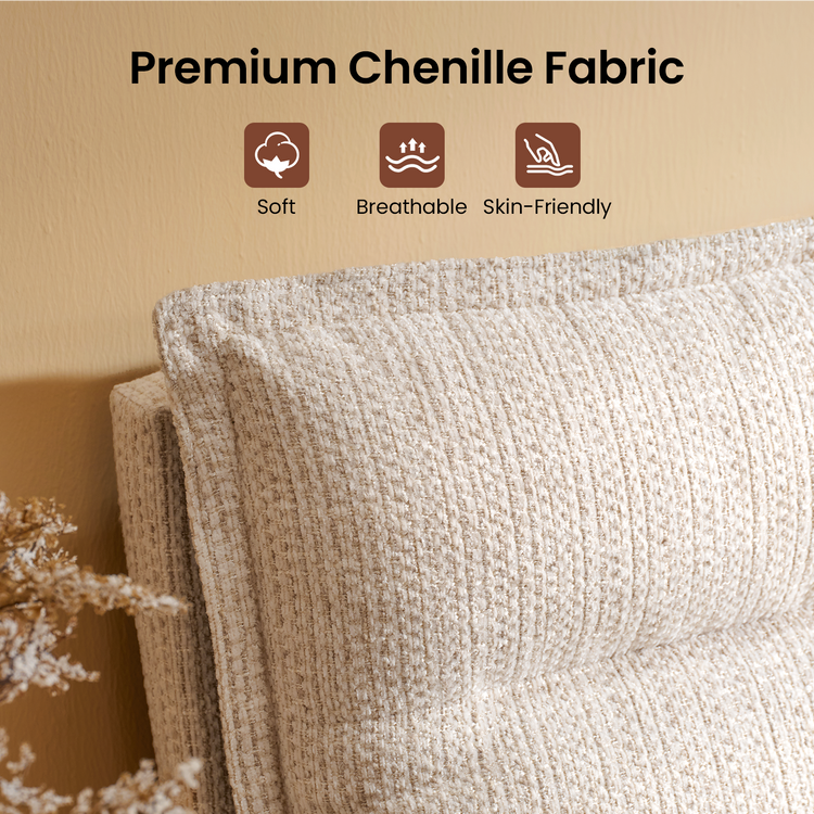 Graphic reads Premium Chenille Fabric, with Soft, Breathable, and Skin-Friendly labels