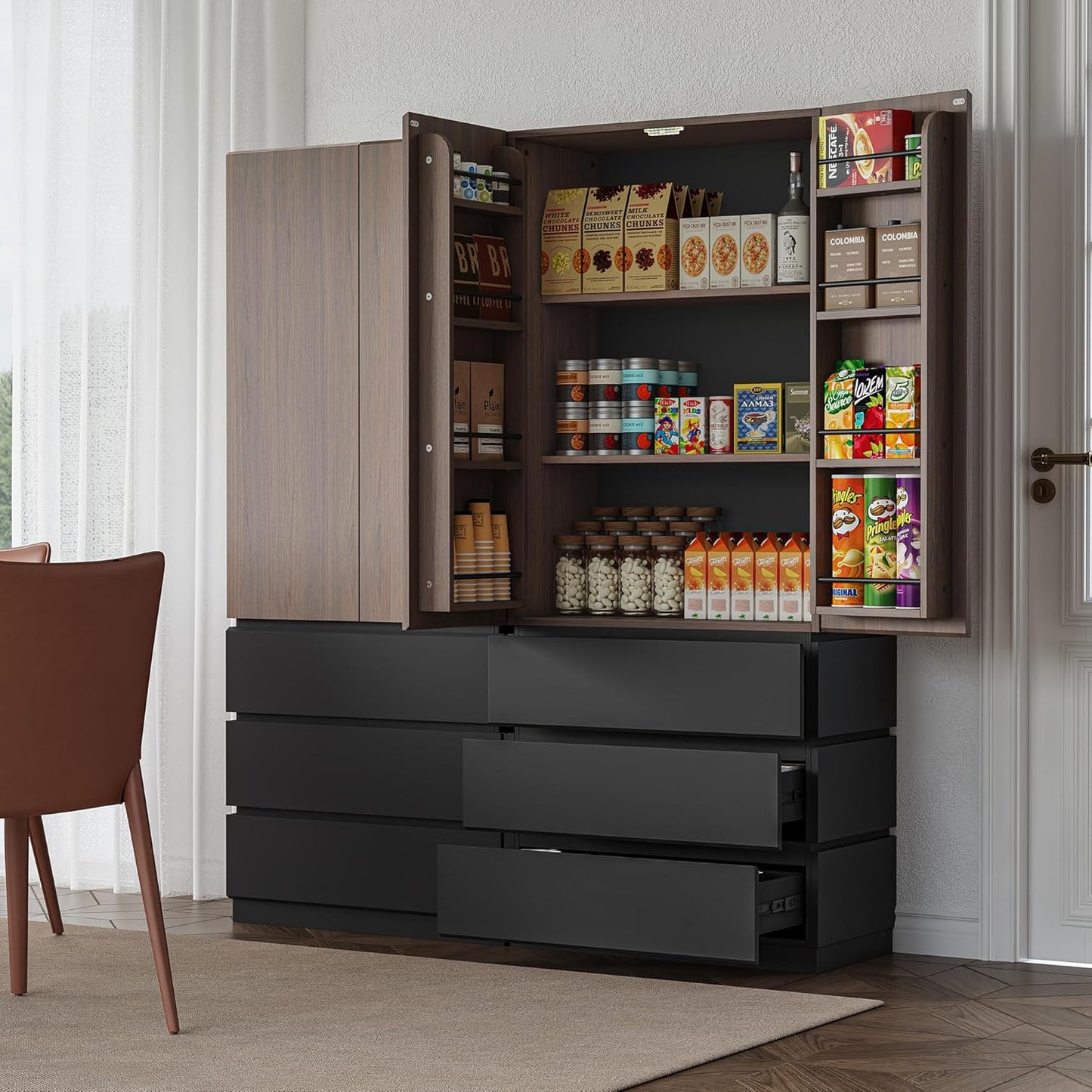 Whisper Series 70.8" Kitchen Pantry with 3 Drawers & Magnetic Closure