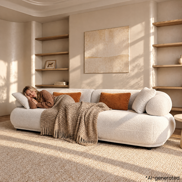 Cream Teddy Fabric 3-Seater Sofa with Cylindrical Armrests