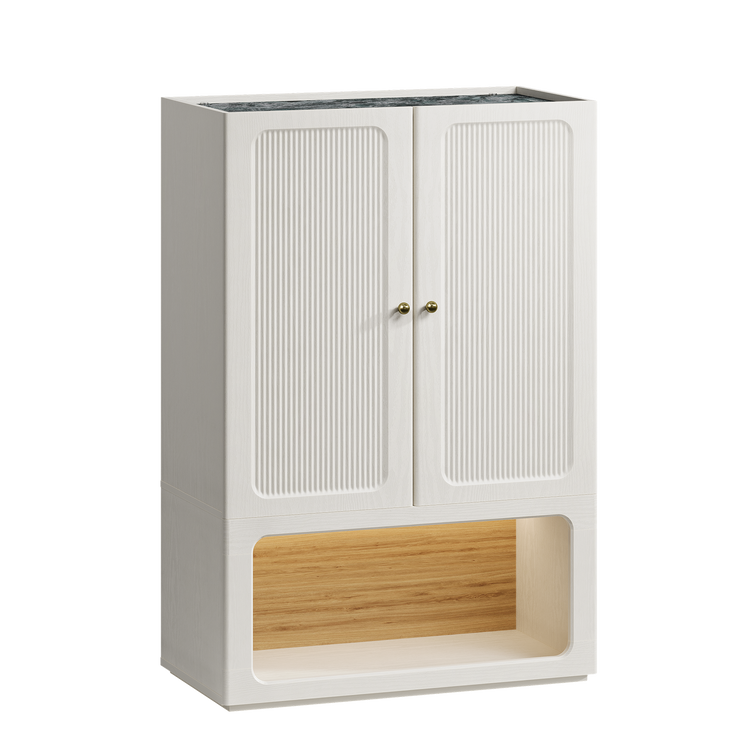 White shoe cabinet with fluted double doors, gold-tone knobs and an open wood-tone lower compartment