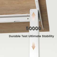 White rail mechanism is mounted beneath a wood-look panel, Up and down arrows overlay the support