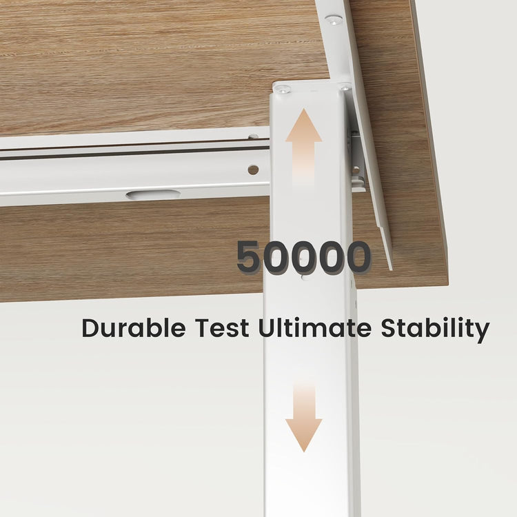 White rail mechanism is mounted beneath a wood-look panel, Up and down arrows overlay the support