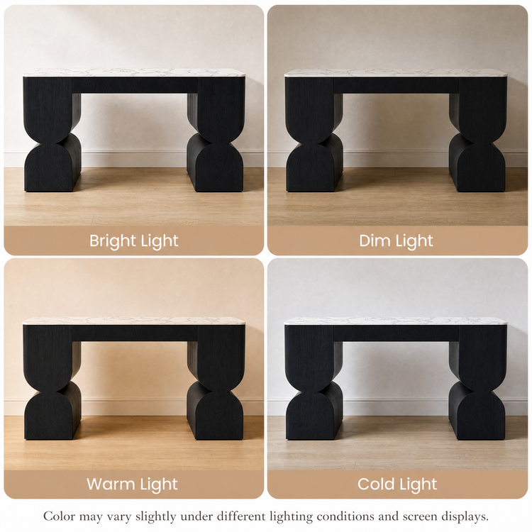 Black console table shown under bright, dim, warm, and cold lighting.