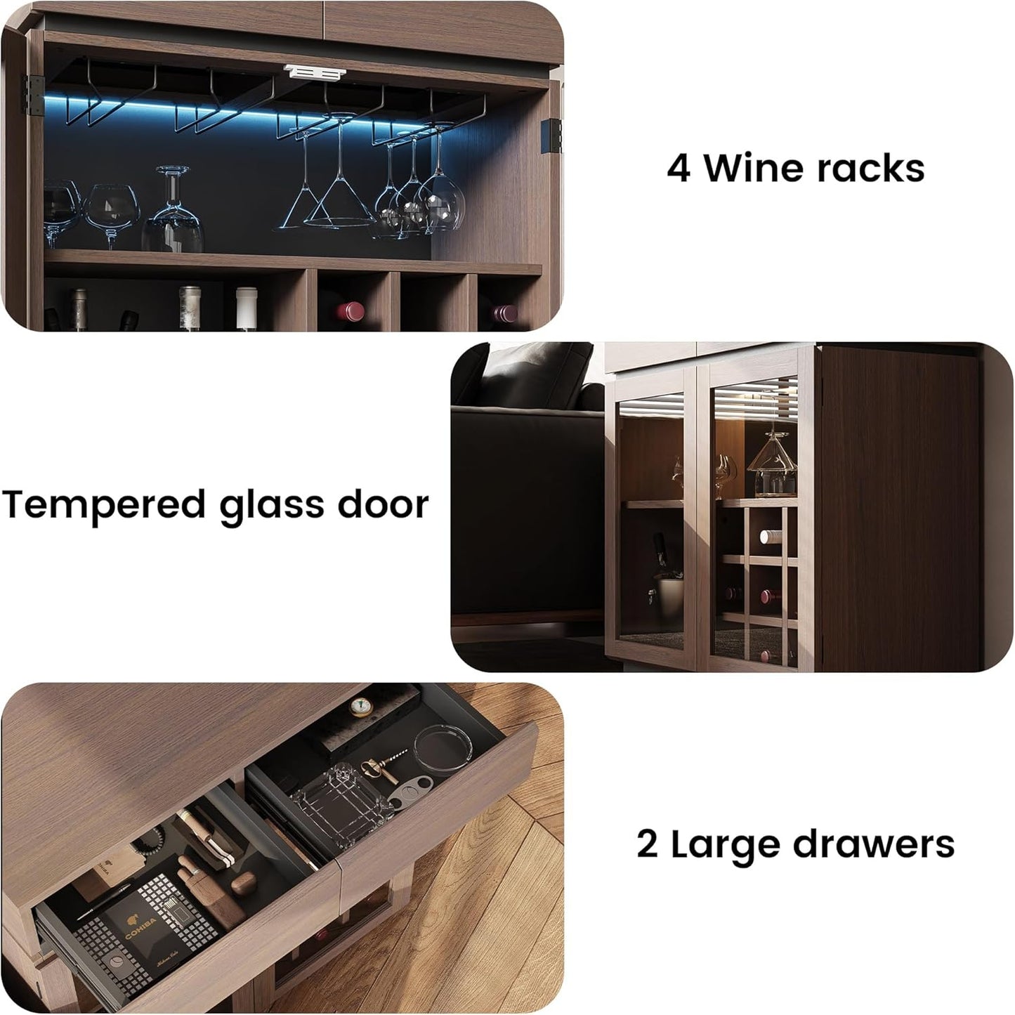Whisper Series Coffee Bar Cabinet with LED, Charging & Wine Rack, Walnut