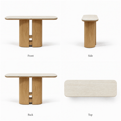 Front, side, back, and top views of a narrow wood console table with a pale rounded top.