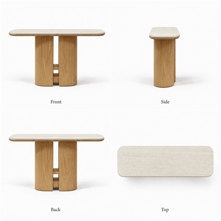Front, side, back, and top views of a narrow wood console table with a pale rounded top.