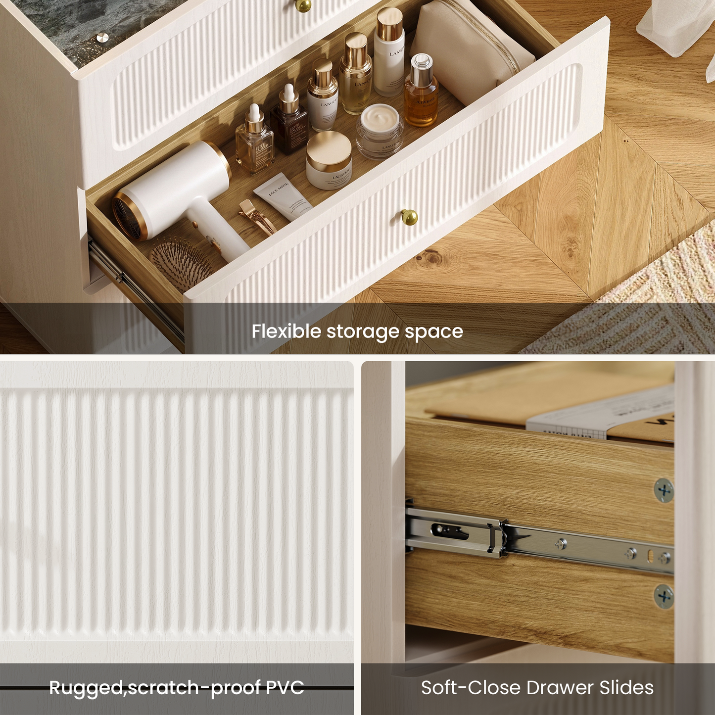 FlexMod 31.5" Modular Fluted 3-Drawer Vanity Dresser with 3-Color LED Mirror & Side Shelves