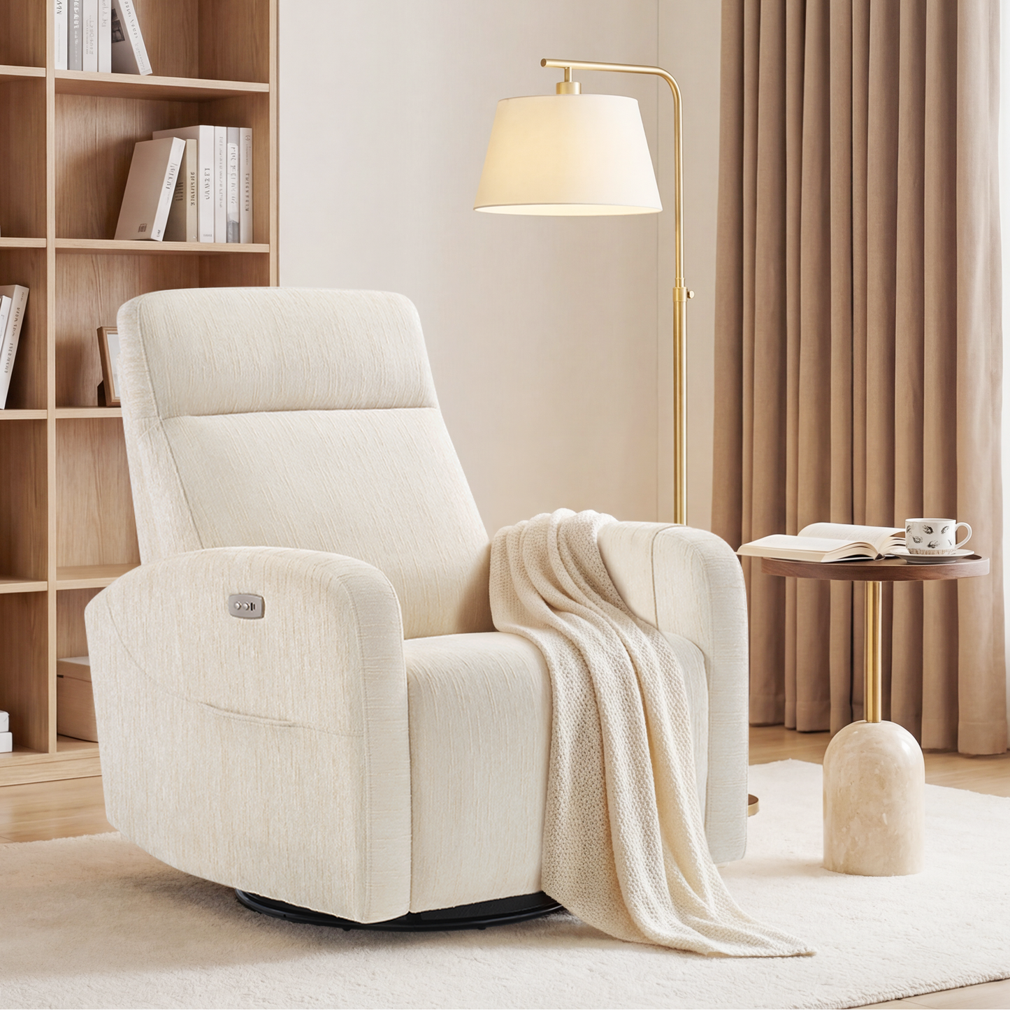 Nursery Power Swivel Glider Recliner with Adjustable Headrest & USB-C、Beige