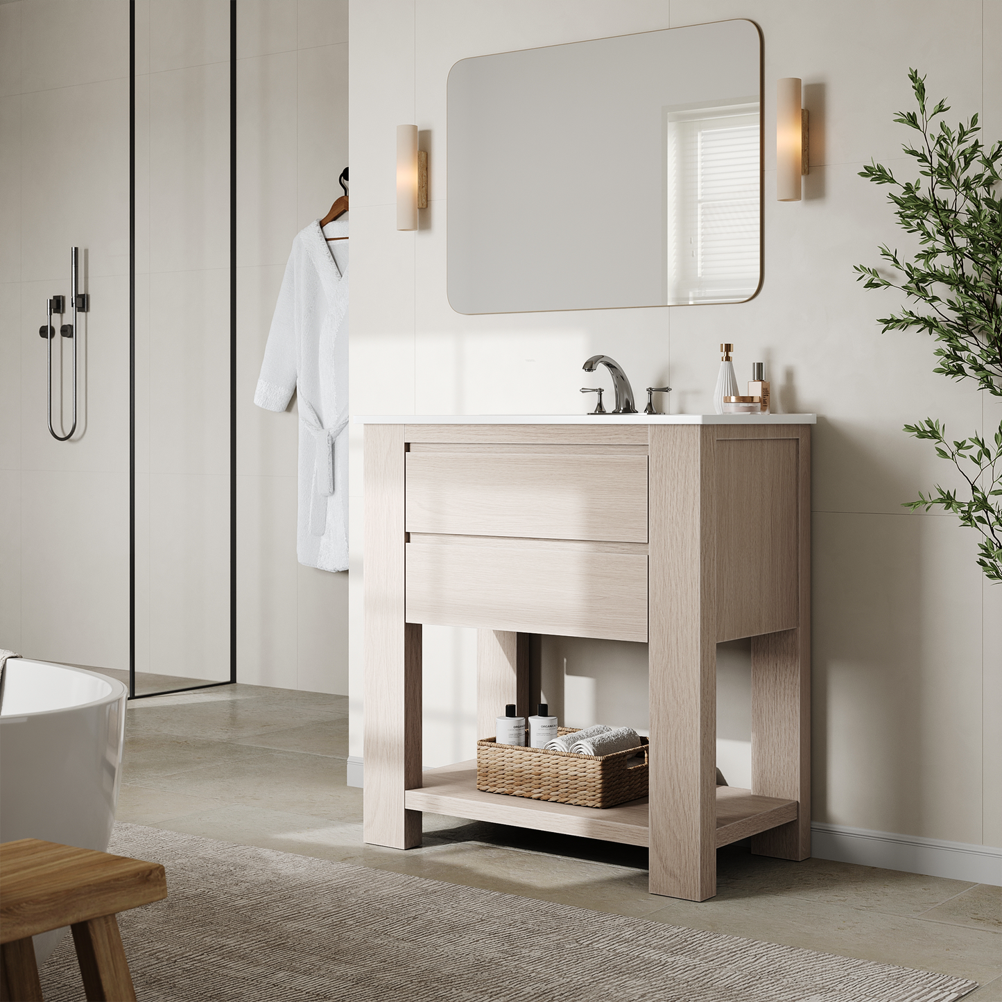 Nolan 30" White Oak Freestanding Vanity with 2 Drawers & Integrated Sink