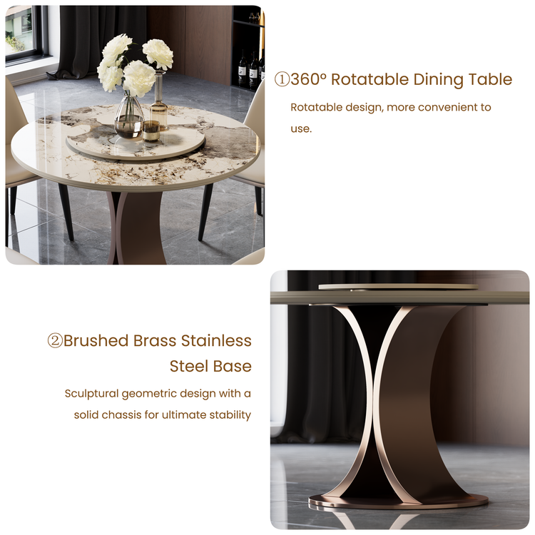 Mesa de comedor redonda Pandora de 35.4" con superficie de piedra sinterizada brillante y base curva color bronce, con capacidad para hasta 4 personas