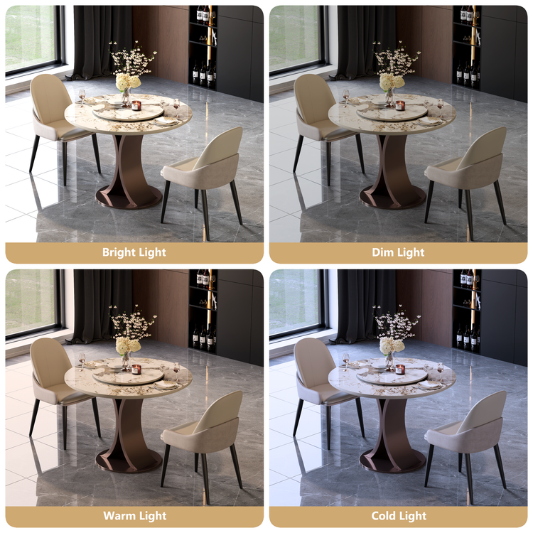 Mesa de comedor redonda Pandora de 35.4" con superficie de piedra sinterizada brillante y base curva color bronce, con capacidad para hasta 4 personas