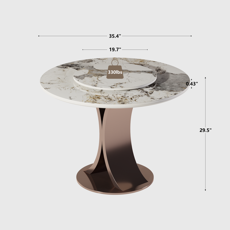 Mesa de comedor redonda Pandora de 35.4" con superficie de piedra sinterizada brillante y base curva color bronce, con capacidad para hasta 4 personas