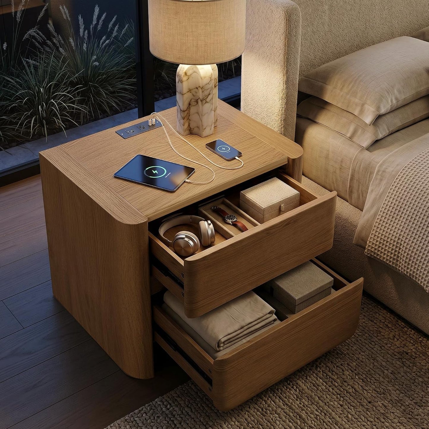 26" Nightstand with Charging Station, Large Bedside Table