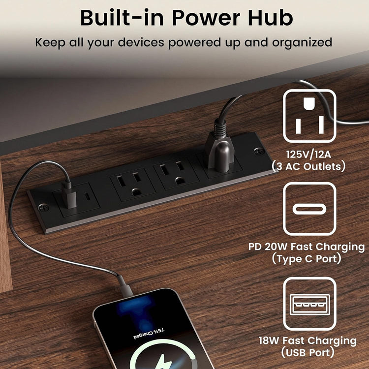 Black power panel inset into a brown wood-grain surface, with three AC outlets and USB ports, a connected phone below, and port symbols and labels on the right.