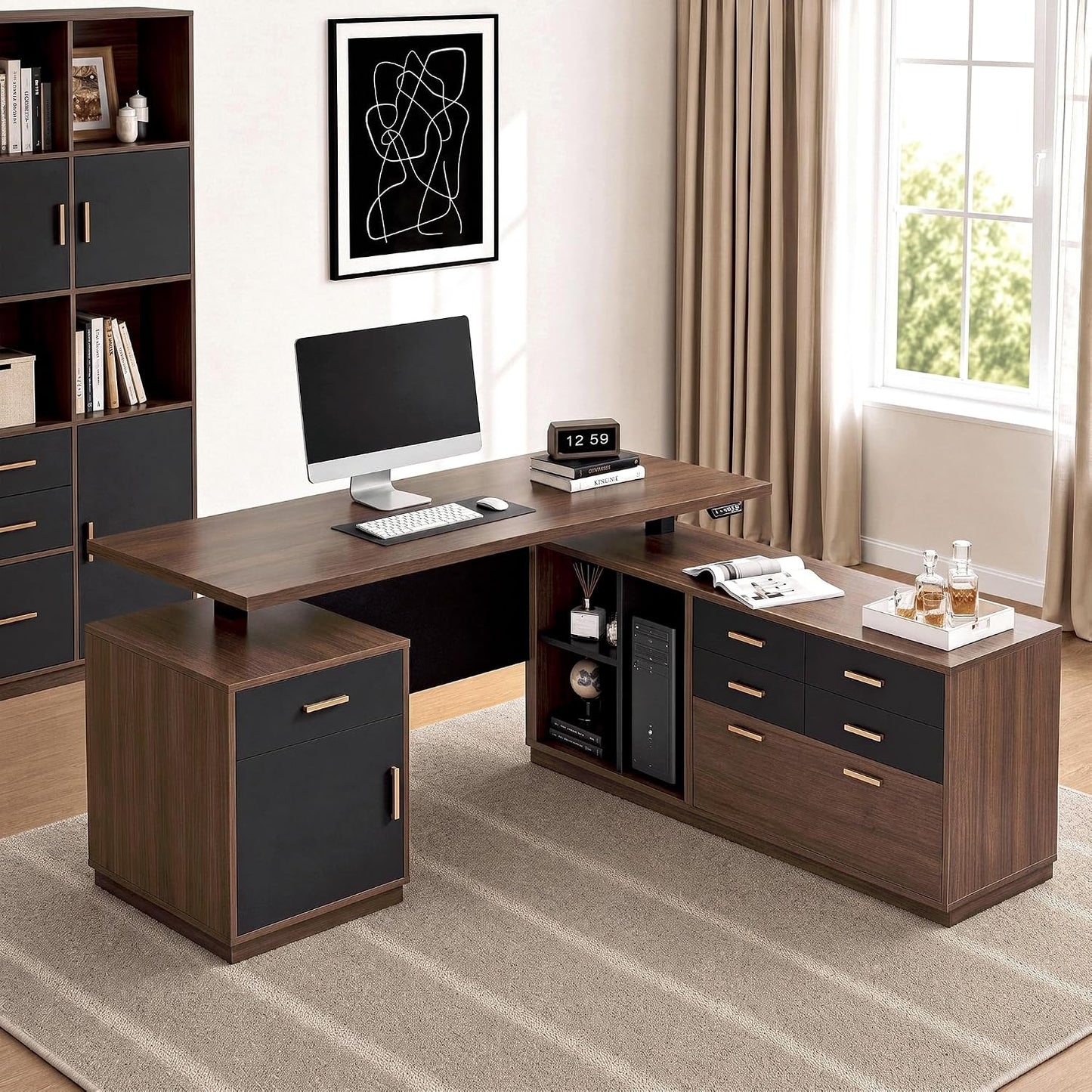 59" L‑Shaped Electric Executive Standing Desk with 5 Drawers & File Cabinet, AC/USB Ports