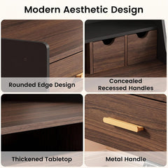 Four-panel furniture collage showing a rounded tabletop edge, two drawers with recessed handles, a thick tabletop, and a gold-colored bar handle.