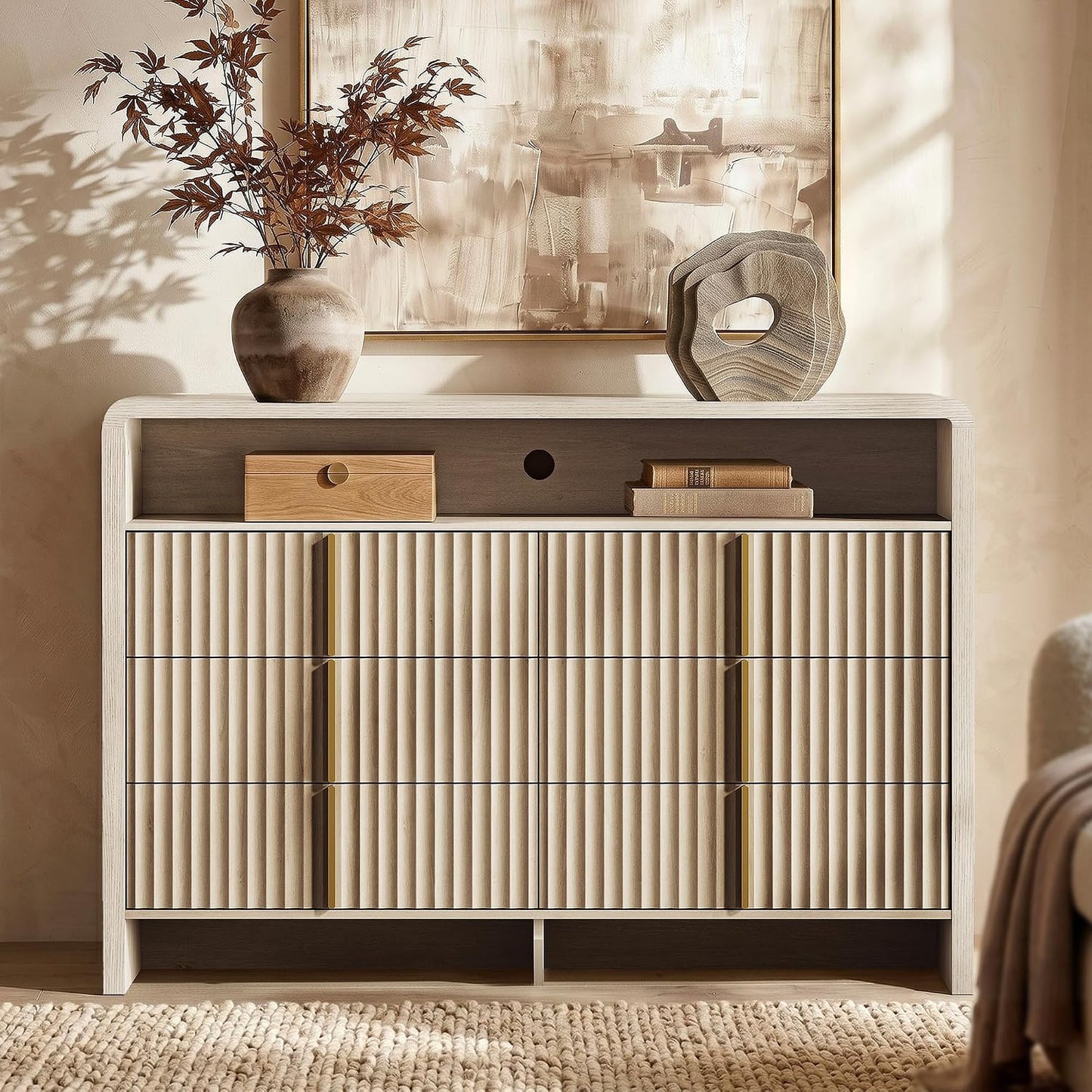 Caly 53.2"  Fluted Wood 6 Drawer Dresser with Open Shelf