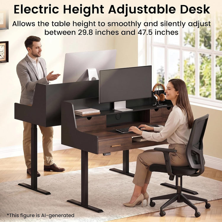 A seated woman works at a computer on a desk while a man stands beside it; text states the desk adjusts from 29.8 to 47.5 inches.