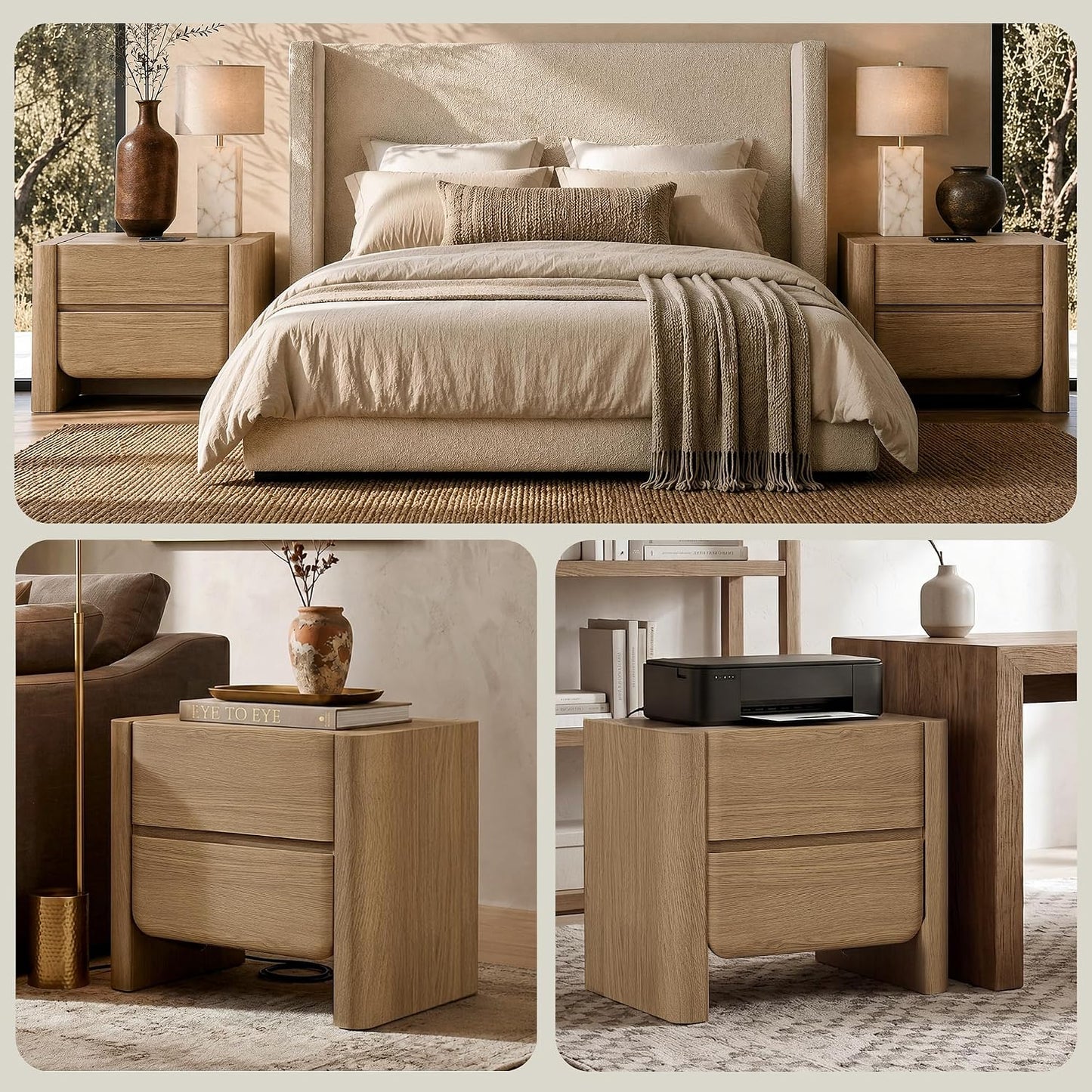 26" Nightstand with Charging Station, Large Bedside Table
