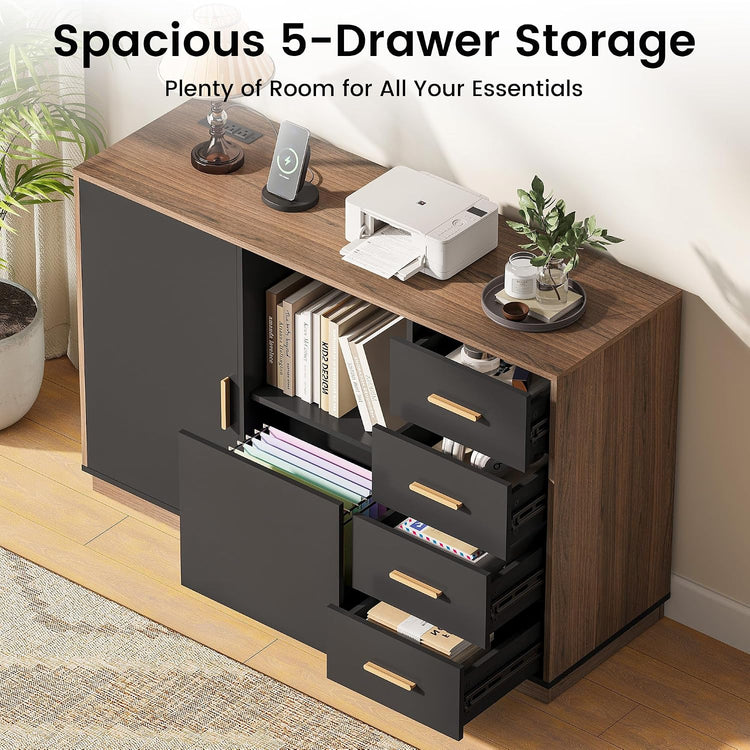 47.2" File Cabinet with 5 Drawer & Door, Charging Station