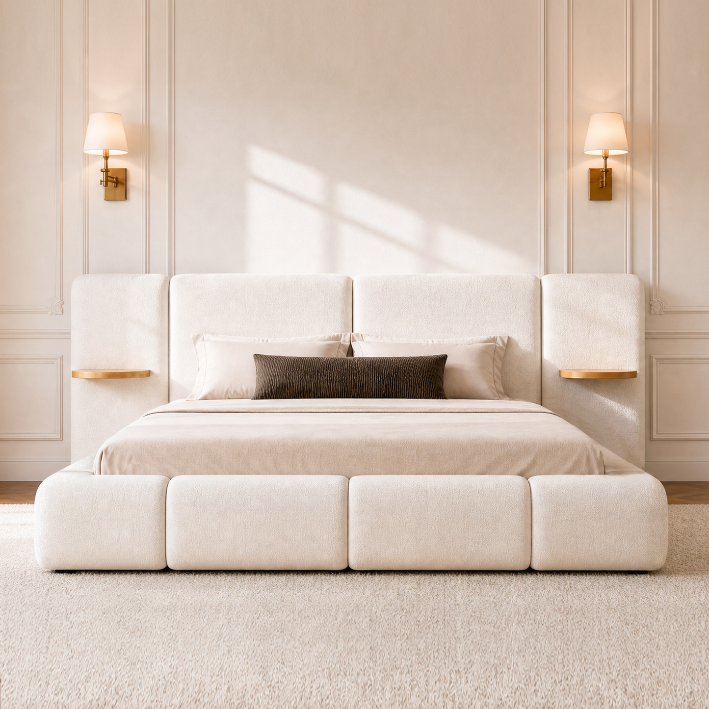 Cloud Cream King Lift-Up Storage Bed Frame with Built-in Nightstands