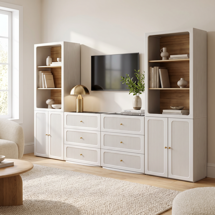 Storage Cabinet System, 126" Modular with Display Towers, Drawers & Cabinets, FlexMod Collection