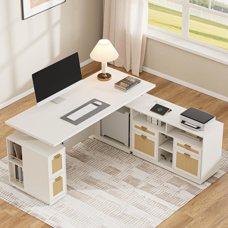 Overhead view of a white L-shaped desk with woven-look drawer fronts, open cubbies and a printer on the side cabinet