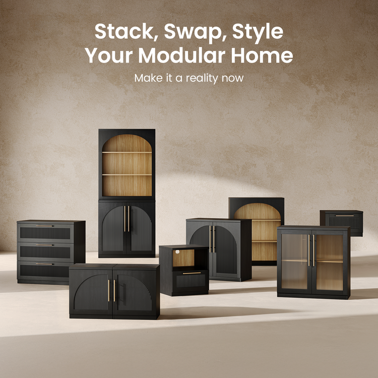 Harmo Block Black Wave-Panel Nightstand,set of 2
