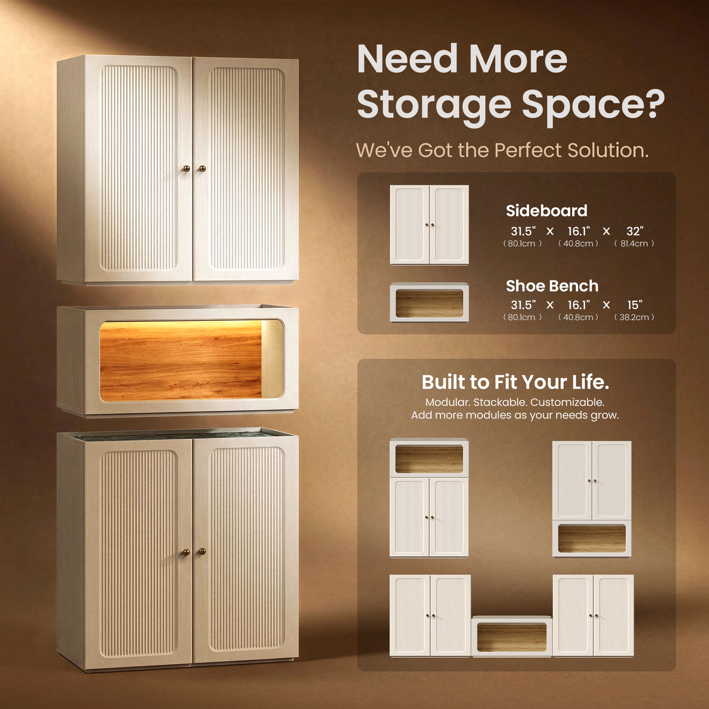 Flexmod 126" Modular Storage with Fluted Doors, Drawers & Niches