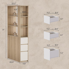 Cabinet height is 71 in, width is 29.9 in, and depth is 11.8 in, Light cabinet, pale drawers